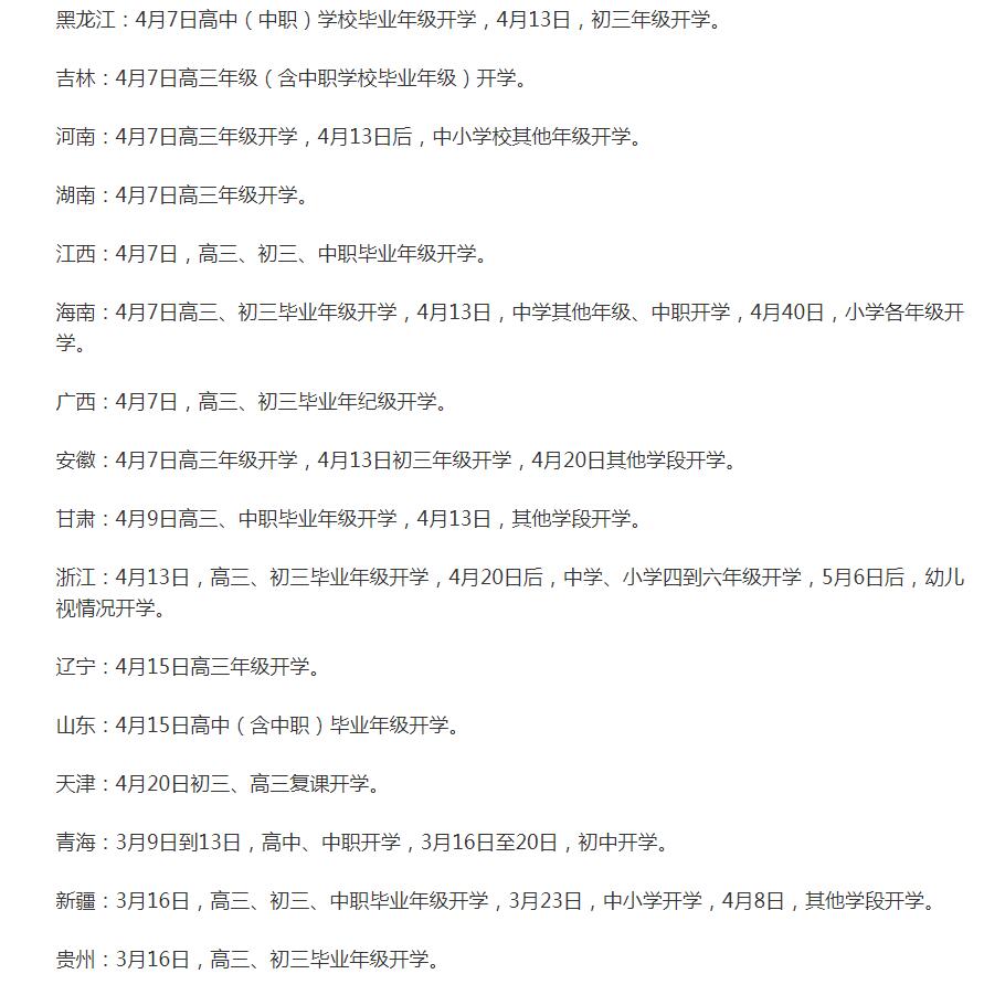 各地開學時間匯總